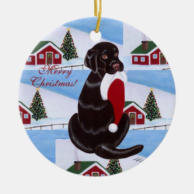 Chocolate Lab Christmas Santa Hat Ceramic Ornament (Front)