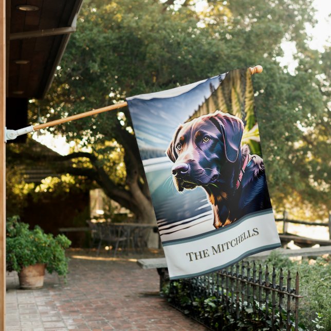 Chocolate Lab Dog at Blue Mountain Lake House Flag (In SItu)