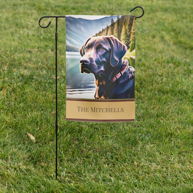 Chocolate Lab Dog at Mountain Lake Garden Flag (In SItu)