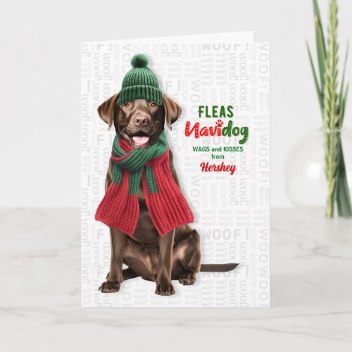 Chocolate Lab Dog Funny Fleas Navidog with Name Holiday Card