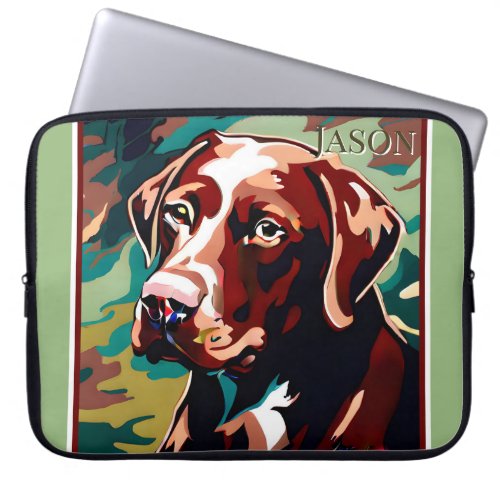 Chocolate Lab Dog on Camo Background Laptop Sleeve