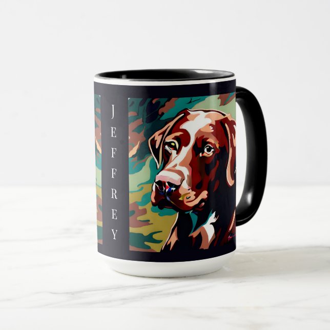 Chocolate Lab Dog on Camo Monogram Mug (Front Right)