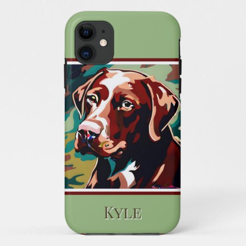 Chocolate Lab Dog on Camouflage iPhone 11 Case