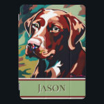 Chocolate Lab Dog on Camouflage iPad Pro Cover<br><div class="desc">This design features a bust of a chocolate lab against camouflage background. Add a name for personalization. Great for the hunter or dog lover in your life. Created by Simply Farmhouse Press.</div>