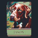 Chocolate Lab Dog on Camouflage iPad Pro Cover<br><div class="desc">This design features a bust of a chocolate lab against camouflage background. Add a name for personalization. Great for the hunter or dog lover in your life. Created by Simply Farmhouse Press.</div>