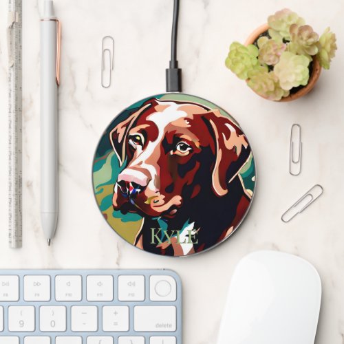 Chocolate Lab Dog on Camouflage Wireless Charger