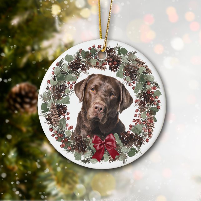 Chocolate Lab Dog Pinecone Wreath Personalized Ceramic Ornament (Creator Uploaded)