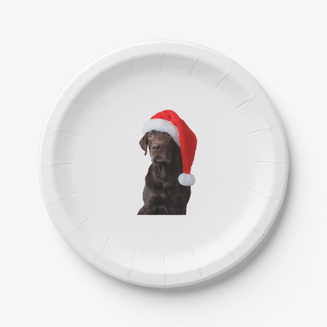 Chocolate Lab Dog Portrait Santa Hat Cute Christma Paper Plates (Front)