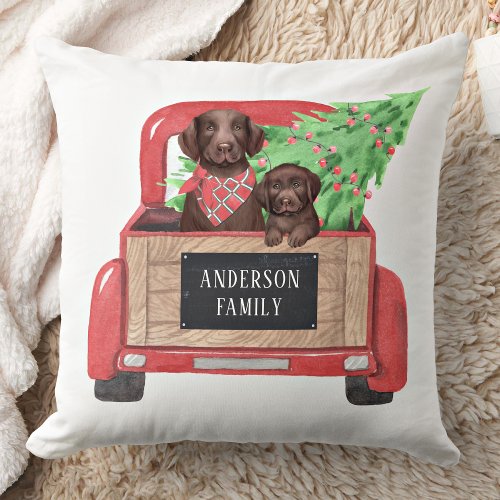 Chocolate Lab Dog Puppy Christmas Vintage Truck Throw Pillow