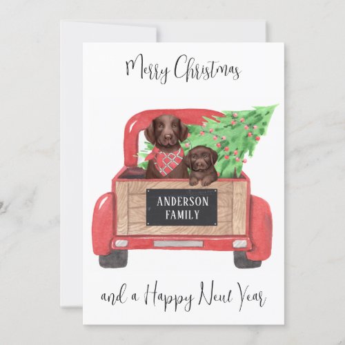 Chocolate Lab Dog Puppy Red Truck Merry Christmas Holiday Card