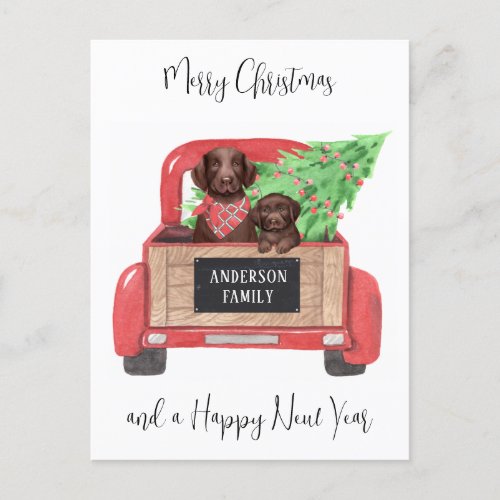 Chocolate Lab Dog Puppy Red Truck Merry Christmas  Holiday Postcard