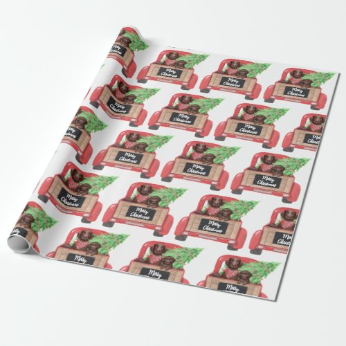 Chocolate Lab Dog Puppy Red Truck Merry Christmas Wrapping Paper