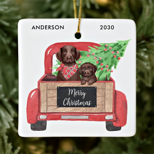 Chocolate Lab Dog Puppy Vintage Truck Christmas  Ceramic Ornament