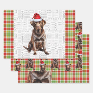 Chocolate Lab Dog Red and Green Plaid Christmas Wrapping Paper Sheets