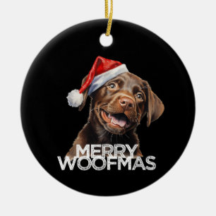 Chocolate lab dog santa hat MERRY WOOFMAS funny Ceramic Ornament
