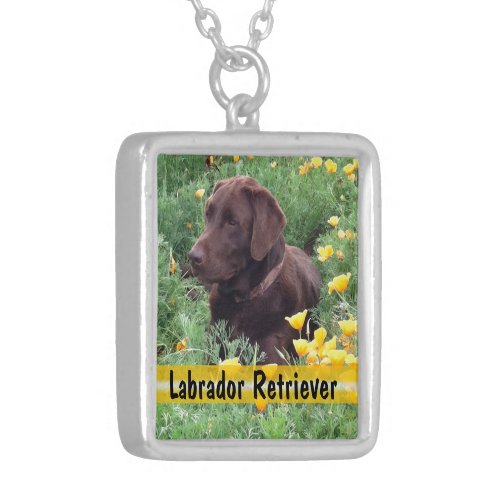 Chocolate Lab in California Poppy Patch Custom Silver Plated Necklace