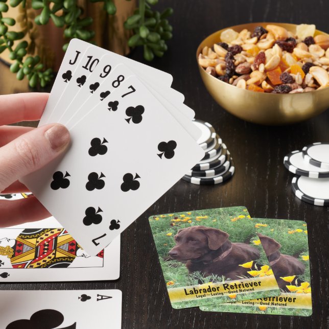 Chocolate Lab In Poppy Flowers Custom Photo Poker Cards (In Situ)