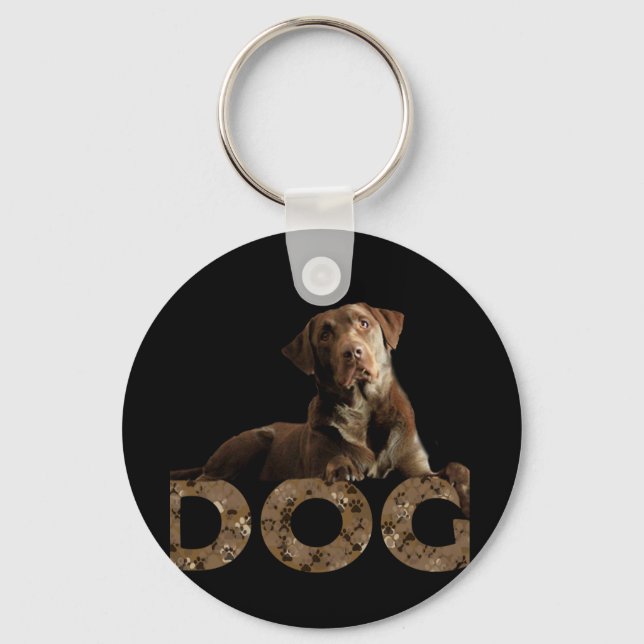 Chocolate Lab Laying Lounging on the word DOG Keychain (Front)