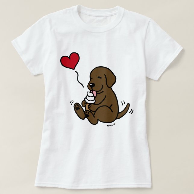 Chocolate Lab Licking Ice Cream with Red Heart T-Shirt (Design Front)