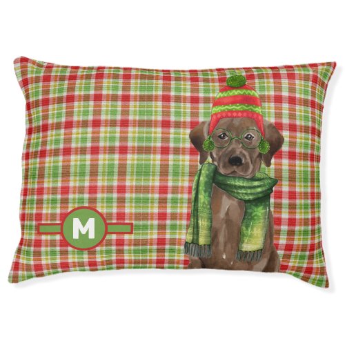 Chocolate Lab Plaid Dogs Monogrammed Christmas Pet Bed