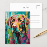 Chocolate Lab Portrait Colorful Abstract Art Postcard<br><div class="desc">A playful modern art portrait of a chocolate lab painted with whimsical bright colors, including teal, yellow, pink, and green. The vibrant palette and expressive brushstrokes give the dog an energetic, joyful appearance, bringing a fun and imaginative twist to traditional pet portraits. This lively and colorful piece captures the dog's...</div>