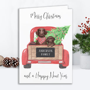 Chocolate Lab Puppy Dog Merry Christmas Red Truck Holiday Card