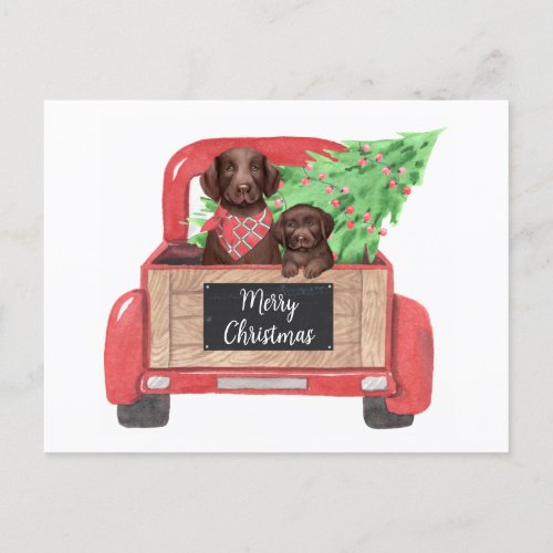 Chocolate Lab Puppy Dog Red Christmas Truck Holiday Postcard