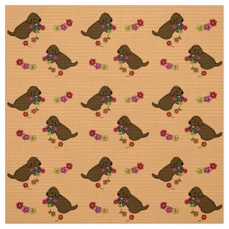 Chocolate Lab Puppy Flower Basket Cartoon Fabric