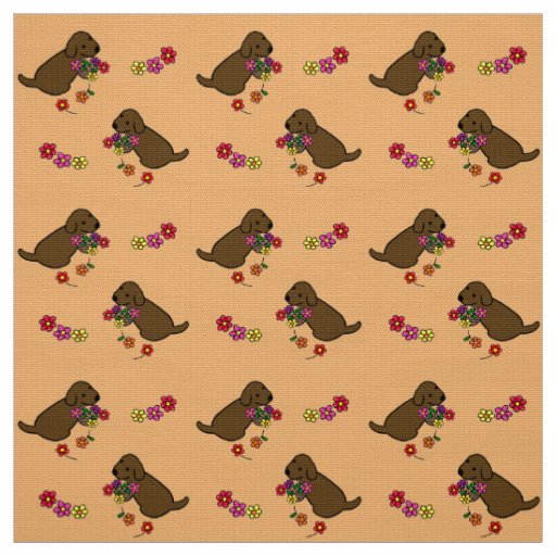 Chocolate Lab Puppy Flower Basket Cartoon Fabric