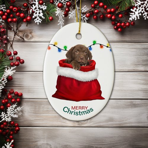 Chocolate Lab Puppy in Holiday Gift Bag Ceramic Ornament