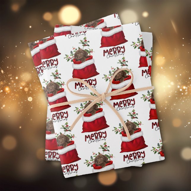 Chocolate Lab Puppy in Holiday Gift Bag Wrapping Paper Sheets (Creator Uploaded)