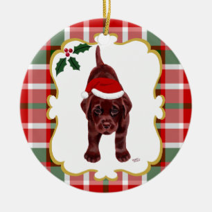 Chocolate Lab Puppy with Santa Hat 2 Ceramic Ornament