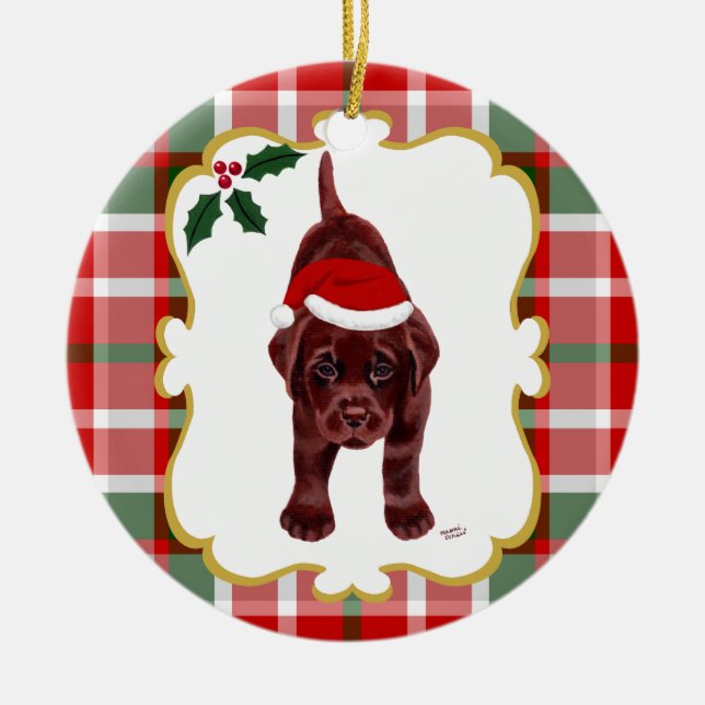 Chocolate Lab Puppy with Santa Hat 2 Ceramic Ornament (Front)