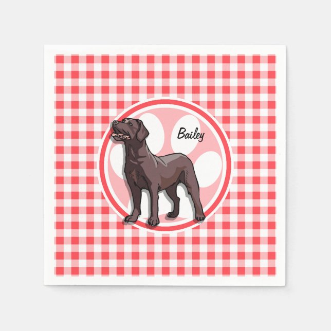 Chocolate Lab; Red and White Gingham Paper Napkins (Front)