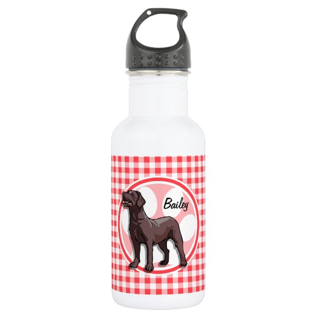 Chocolate Lab; Red and White Gingham Stainless Steel Water Bottle (Front)