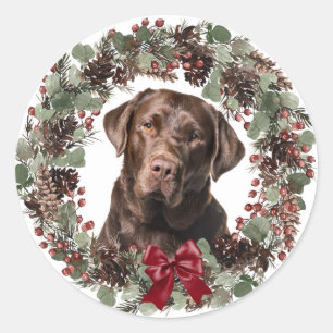 Chocolate Lab Red Bow Pinecone Wreath Christmas Classic Round Sticker