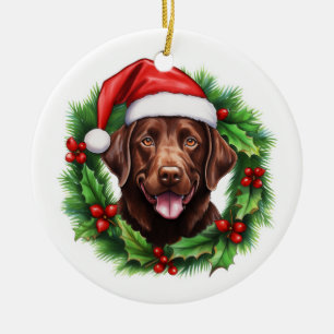 Chocolate Lab Retriever Christmas Wreath Ceramic Ornament