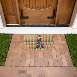 Chocolate Lab Santa Dog Seasonal Plaid Holiday Doormat