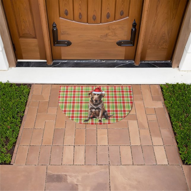 Chocolate Lab Santa Dog Seasonal Plaid Holiday Doormat (Outdoor)