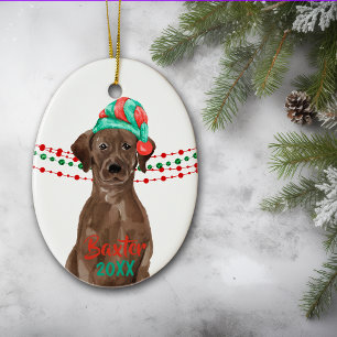 Chocolate Lab Santa Hat Holiday String Beads Ceramic Ornament