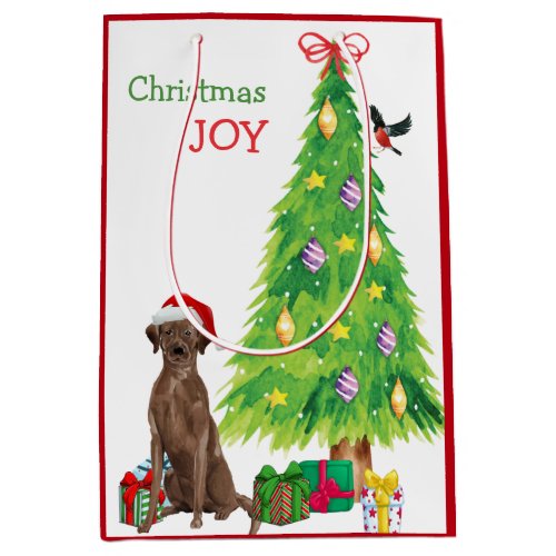 Chocolate Lab Santa Hat Puppy and Christmas Tree Medium Gift Bag