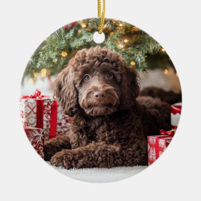 Chocolate Labradoodle Ceramic Ornament (Front)