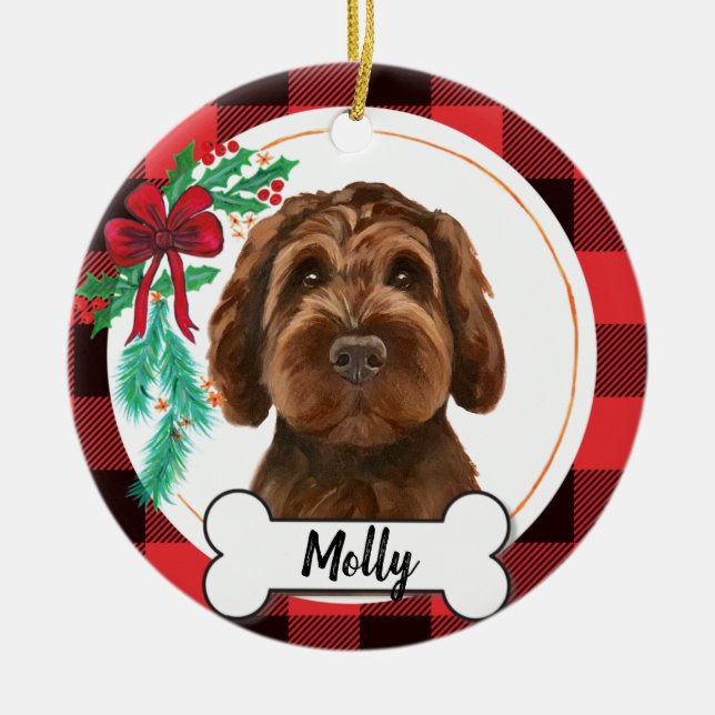 Chocolate Labradoodle / Chocolate Goldendoodle Ceramic Ornament (Front)