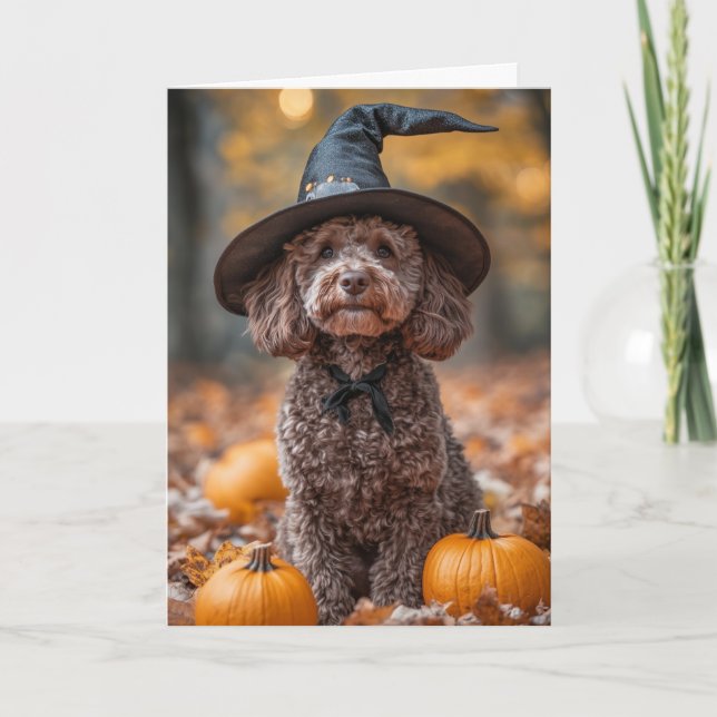 Chocolate Labradoodle Halloween Holiday Card (Front)
