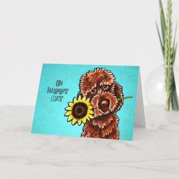 Chocolate Labradoodle Happy Sunflower Day Custom Card by offleashart at Zazzle
