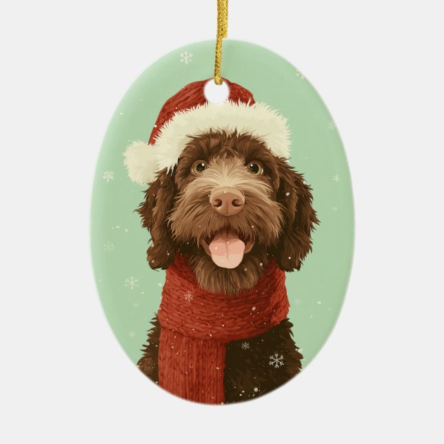 Chocolate Labradoodle Holiday Keepsake Ceramic Ornament (Front)
