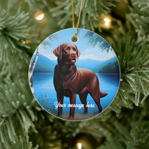 Chocolate Labrador and Blue Lake Ceramic Ornament
