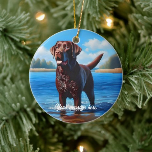 Chocolate Labrador and Blue Lake Ceramic Ornament