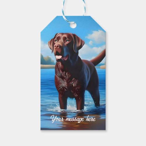 Chocolate Labrador and Blue Lake Gift Tags