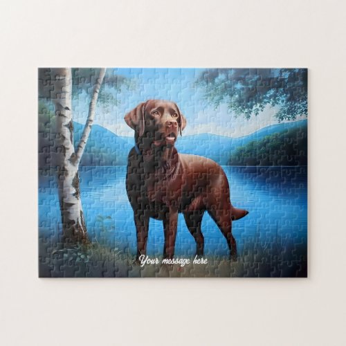 Chocolate Labrador and Blue Lake Jigsaw Puzzle